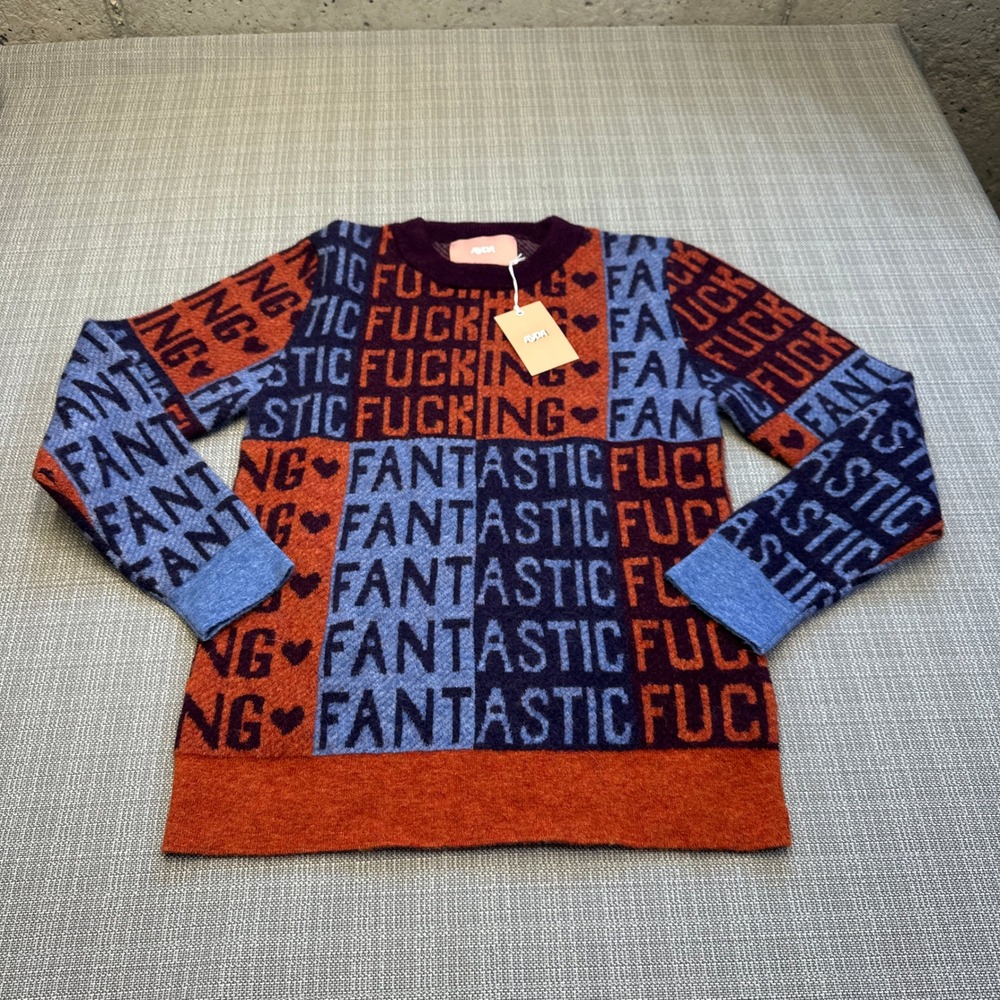 New‎ AYDA Baby Alpaca Wool Graphic Sweater XS Colorblock Statement Sassy Swear